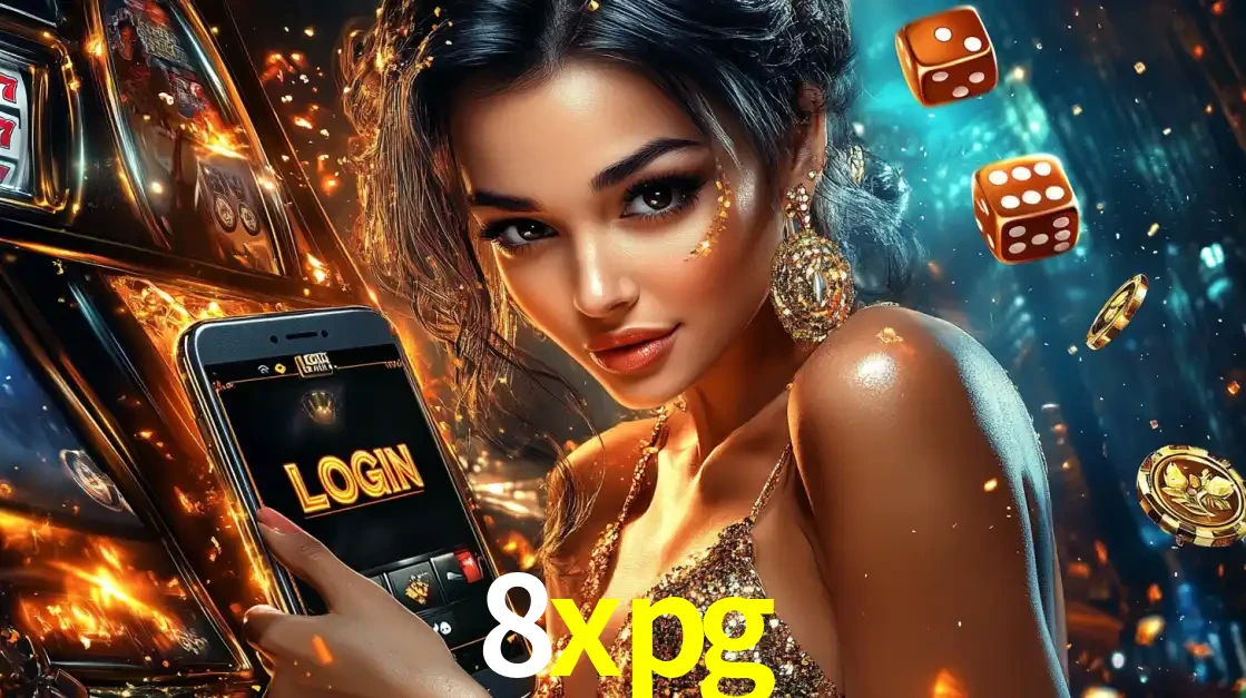Mulher glamourosa segurando um celular com a tela de login do cassino 8xpg, rodeada por dados e moedas douradas, pronta para começar a diversão.