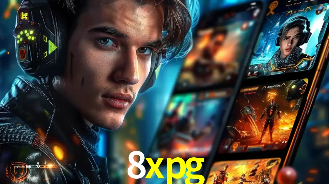 Jovem jogador com fones de ouvido olhando para a câmera, com um aplicativo de jogos e e-sports para celular ao fundo, pronto para a competição e apostas no 8xpg.