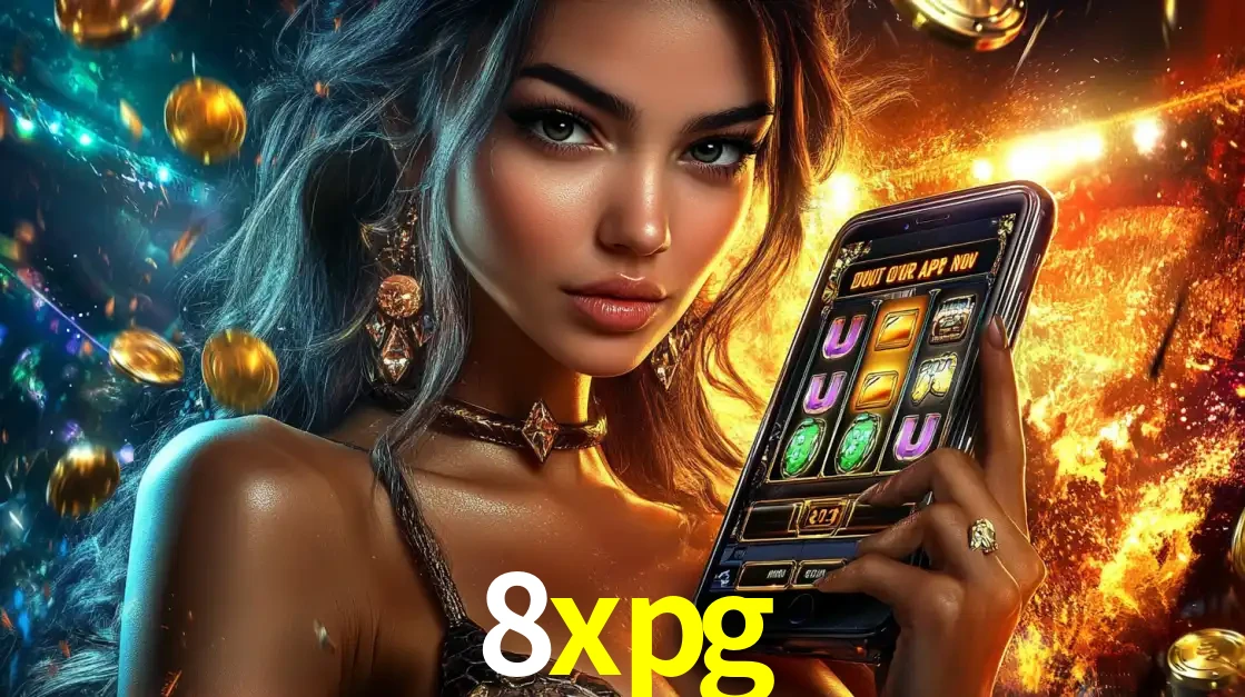 Mulher elegante mostrando um jogo de caça-níqueis em seu smartphone, destacando a experiência de cassino móvel oferecida pelo aplicativo 8xpg.